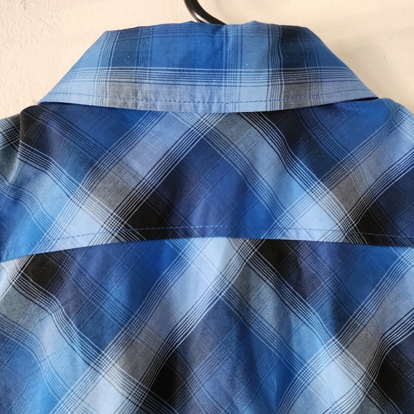 NEW YORK & COMPANY Stretch Blue Navy Plaid Button Up Short Sleeve Blouse Size XS - Picture 17 of 17